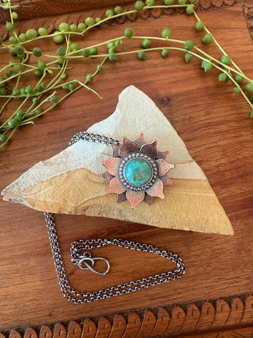 MOCAHETE Copper & Sterling Silver Lotus Flower Turquoise Necklace Artisan